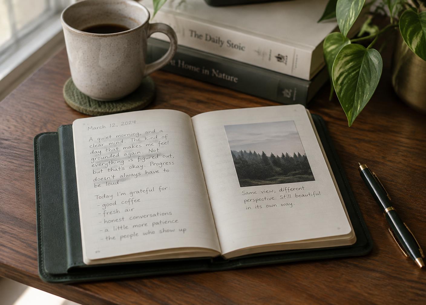 An open journal and pen on a wooden table
